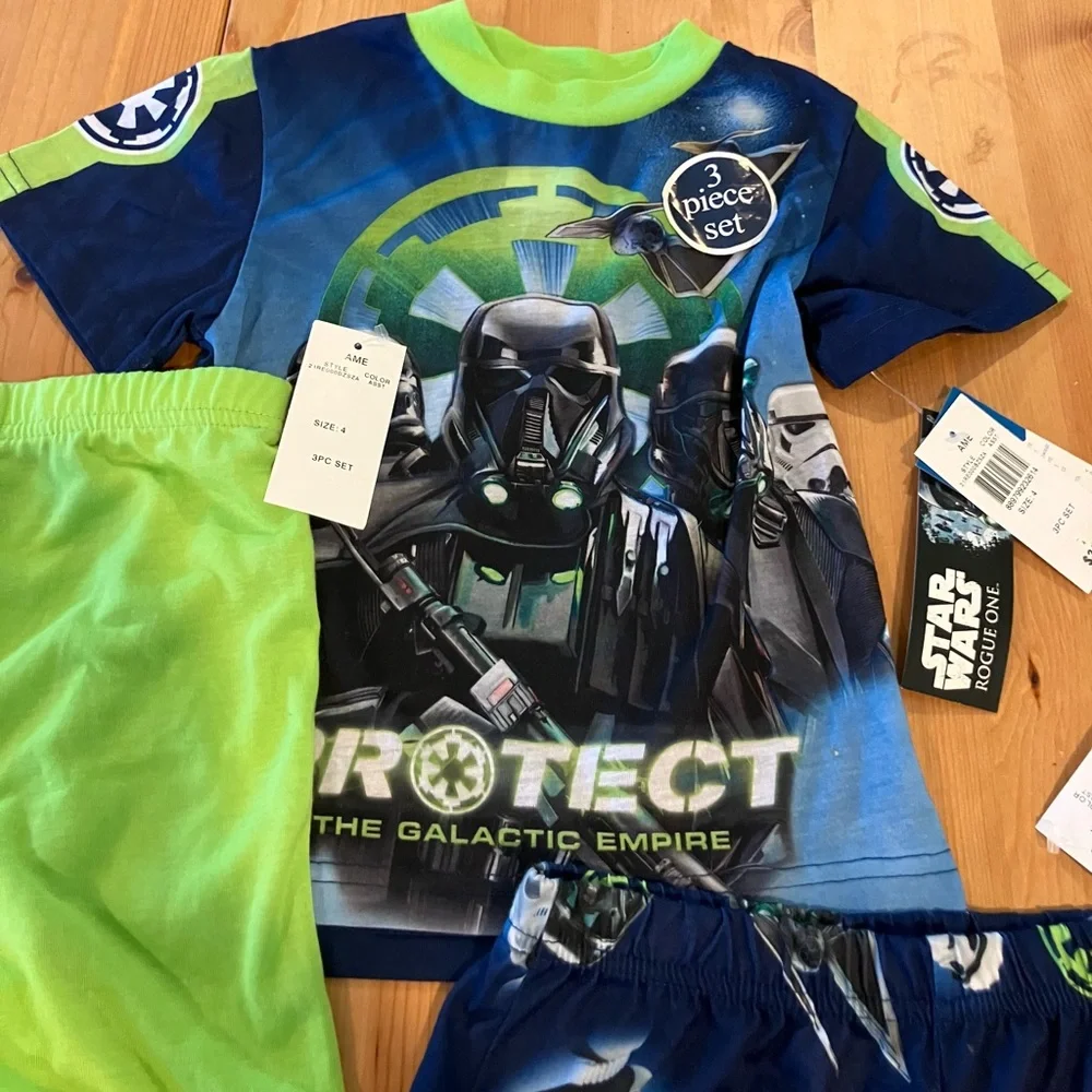 NWT Star Wars Kids Rogue One 3-piece  Pajama Set - Blue and Lime Green size 4T